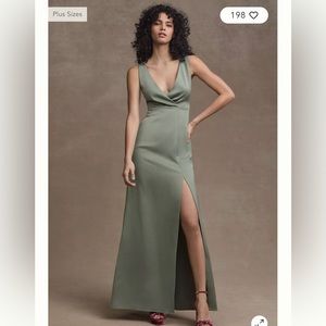BHLDN Piper V-Neck Side Slit Satin Gown, moss size 8